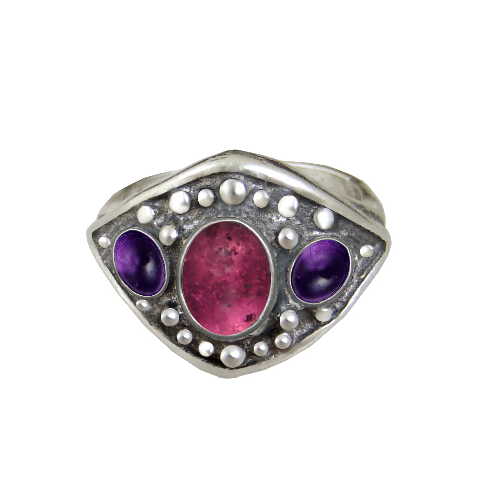 Sterling Silver Medieval Lady's Ring With Pink Tourmaline And Amethyst Size 7